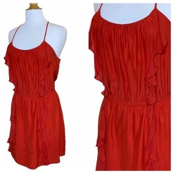 PARKER Red Silk Ruffled Racer Back Mini Dress - Medium - Picture 3 of 11